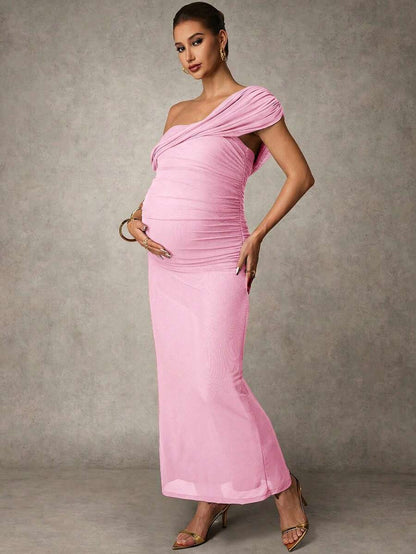 Elegant Solid Color Ruched Asymmetric Neck Slit Maternity Dress, Summer