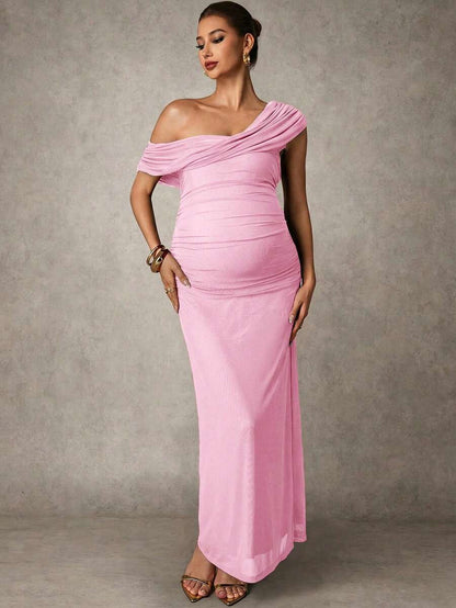 Elegant Solid Color Ruched Asymmetric Neck Slit Maternity Dress, Summer