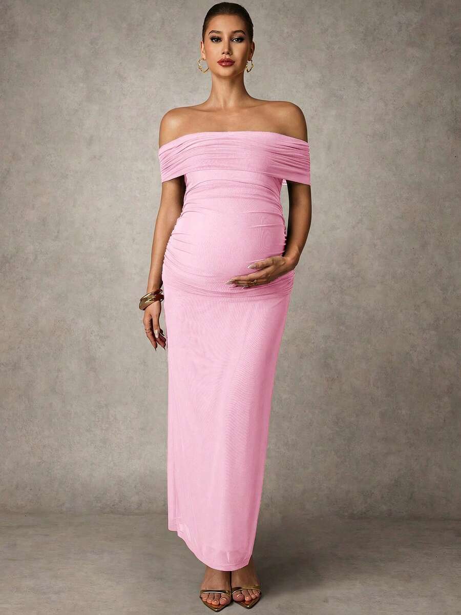 Elegant Solid Color Ruched Asymmetric Neck Slit Maternity Dress, Summer