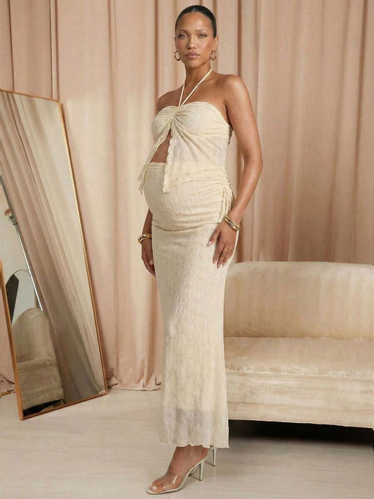 Maternity Clothes Maternity Co Ord Summer Pregnant Clothes Apricot-Colored Textured Two-Piece Set, Halter Collar Soft And Comfortable Elegant