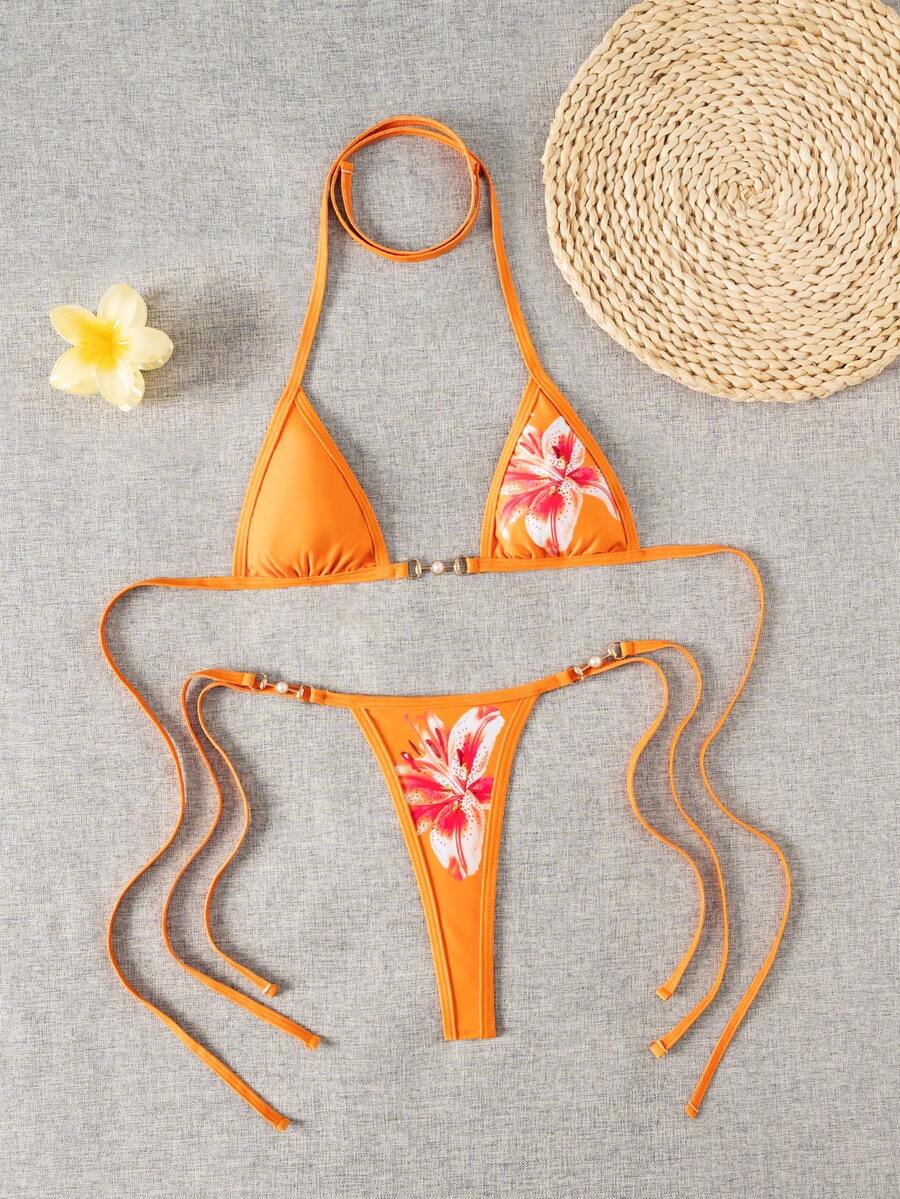 Swim Vcay Swim SXY 2pcs Women's New Floral Print Spaghetti Strap Backless Micro Triangle Top And Thong Sexy Bikini Set Set