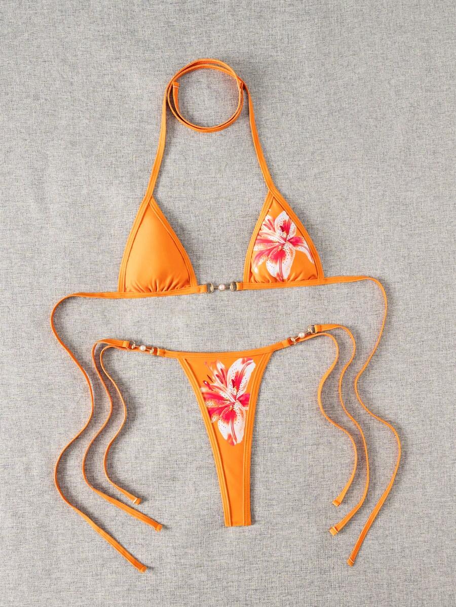 Swim Vcay Swim SXY 2pcs Women's New Floral Print Spaghetti Strap Backless Micro Triangle Top And Thong Sexy Bikini Set Set