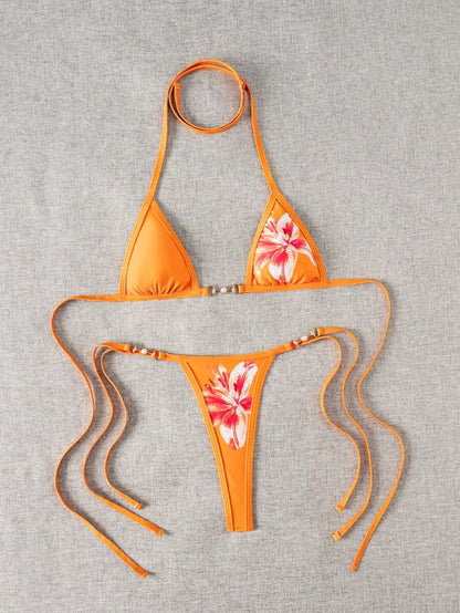 Swim Vcay Swim SXY 2pcs Women's New Floral Print Spaghetti Strap Backless Micro Triangle Top And Thong Sexy Bikini Set Set