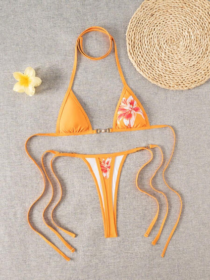 Swim Vcay Swim SXY 2pcs Women's New Floral Print Spaghetti Strap Backless Micro Triangle Top And Thong Sexy Bikini Set Set