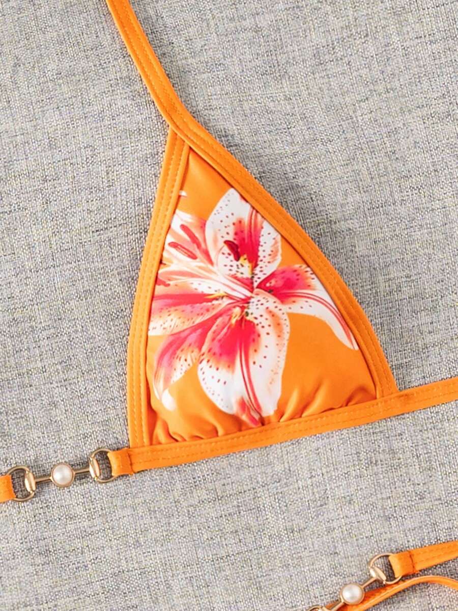 Swim Vcay Swim SXY 2pcs Women's New Floral Print Spaghetti Strap Backless Micro Triangle Top And Thong Sexy Bikini Set Set