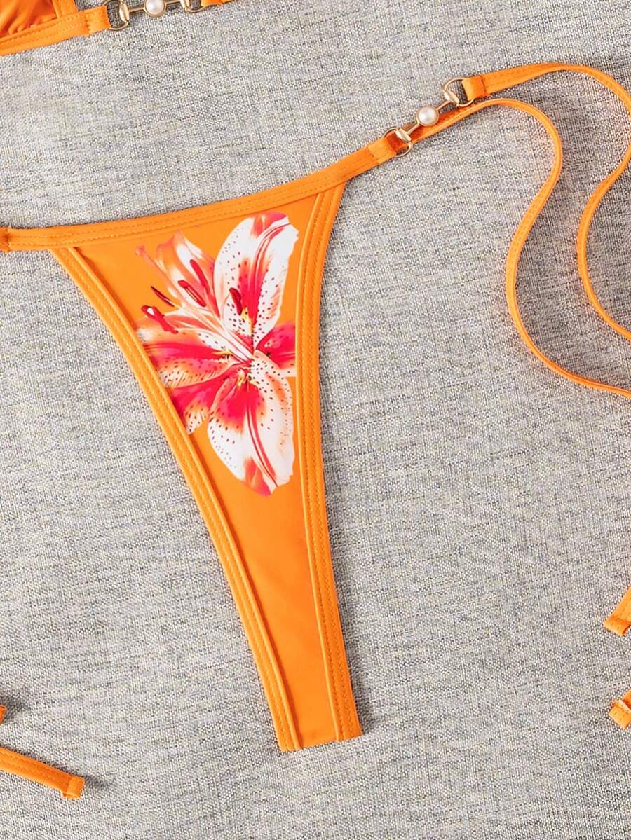 Swim Vcay Swim SXY 2pcs Women's New Floral Print Spaghetti Strap Backless Micro Triangle Top And Thong Sexy Bikini Set Set