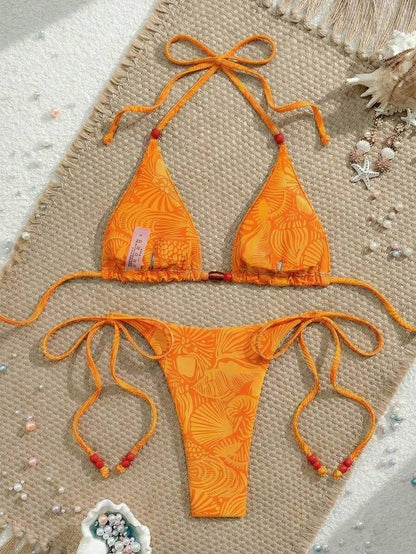 Swim Vcay New Women's Fashion Sexy Orange Floral Print Side With Red Bead Detail Bikini Set For Beach, Vacation, Pool, Spring & Summer