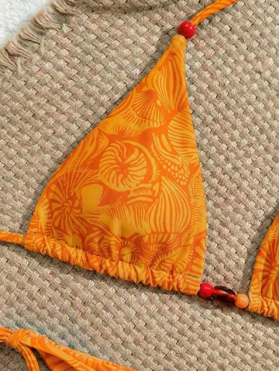 Swim Vcay New Women's Fashion Sexy Orange Floral Print Side With Red Bead Detail Bikini Set For Beach, Vacation, Pool, Spring & Summer