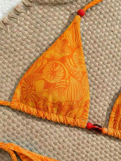 Swim Vcay New Women's Fashion Sexy Orange Floral Print Side With Red Bead Detail Bikini Set For Beach, Vacation, Pool, Spring & Summer