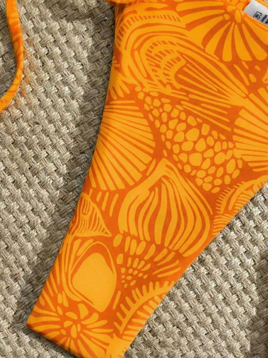 Swim Vcay New Women's Fashion Sexy Orange Floral Print Side With Red Bead Detail Bikini Set For Beach, Vacation, Pool, Spring & Summer