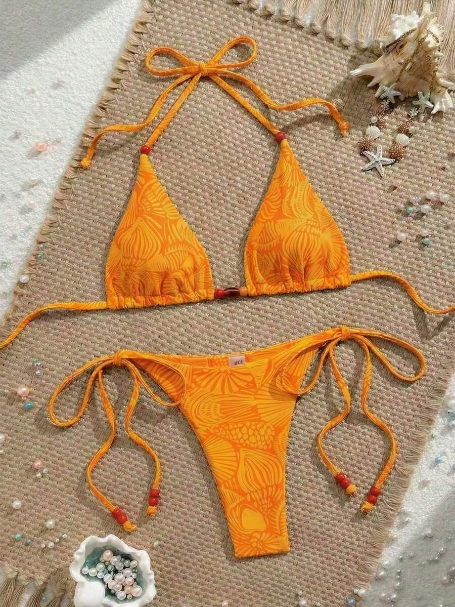 Swim Vcay New Women's Fashion Sexy Orange Floral Print Side With Red Bead Detail Bikini Set For Beach, Vacation, Pool, Spring & Summer