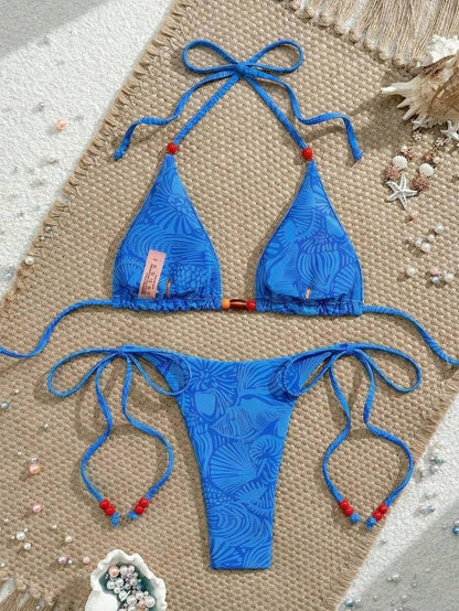 Swim Vcay New Women's Fashion Sexy Orange Floral Print Side With Red Bead Detail Bikini Set For Beach, Vacation, Pool, Spring & Summer