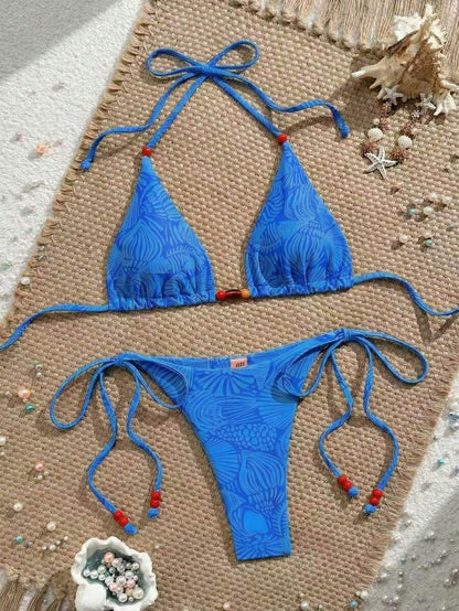 Swim Vcay New Women's Fashion Sexy Orange Floral Print Side With Red Bead Detail Bikini Set For Beach, Vacation, Pool, Spring & Summer