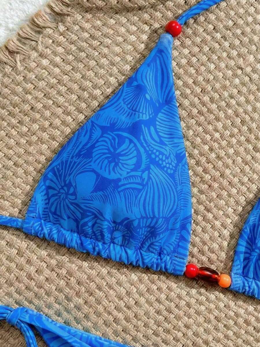 Swim Vcay New Women's Fashion Sexy Orange Floral Print Side With Red Bead Detail Bikini Set For Beach, Vacation, Pool, Spring & Summer