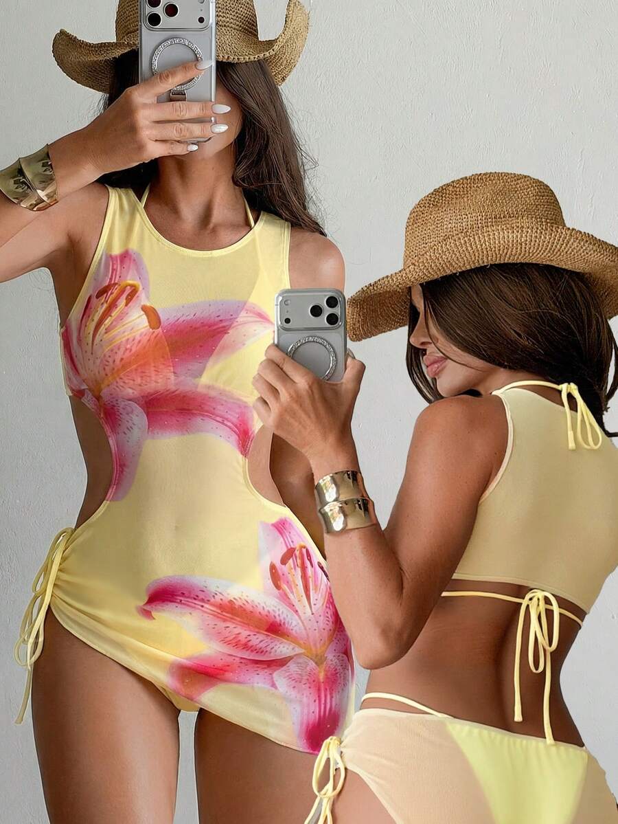 Women's 3-Piece Tie-Dye Bikini Set - Halter, Cover-Up Dress, Thongs, Green