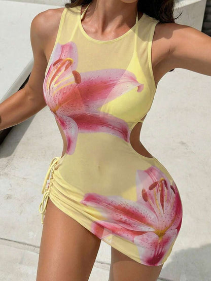 Women's 3-Piece Tie-Dye Bikini Set - Halter, Cover-Up Dress, Thongs, Green