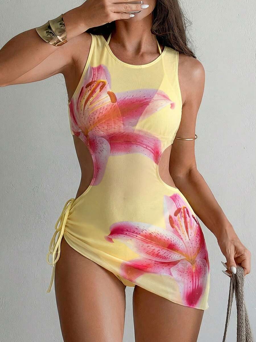 Women's 3-Piece Tie-Dye Bikini Set - Halter, Cover-Up Dress, Thongs, Green