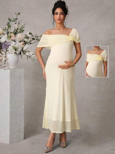 Pregnant Women's Elegant Asymmetric Neck 3D Floral Decor Double-Layer Fitted Fishtail Hem Maxi Dress