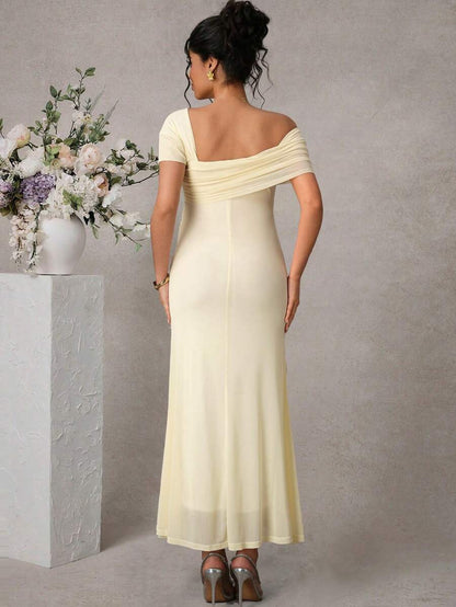 Pregnant Women's Elegant Asymmetric Neck 3D Floral Decor Double-Layer Fitted Fishtail Hem Maxi Dress
