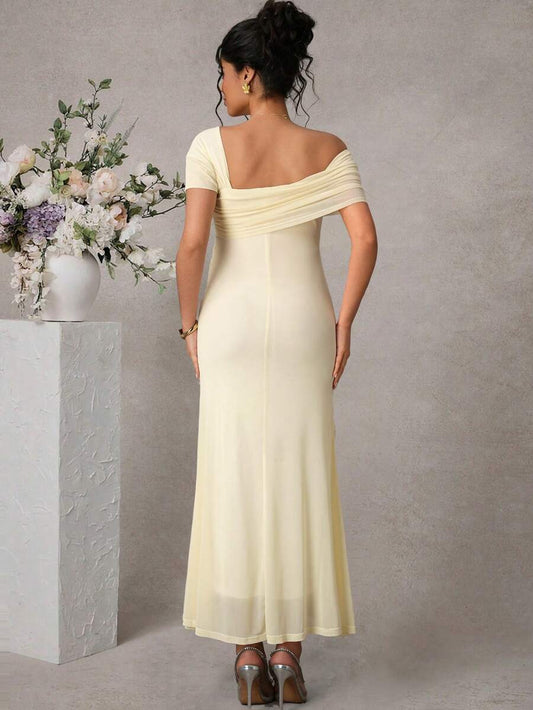 Pregnant Women's Elegant Asymmetric Neck 3D Floral Decor Double-Layer Fitted Fishtail Hem Maxi Dress