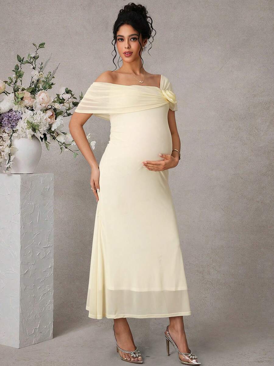Pregnant Women's Elegant Asymmetric Neck 3D Floral Decor Double-Layer Fitted Fishtail Hem Maxi Dress
