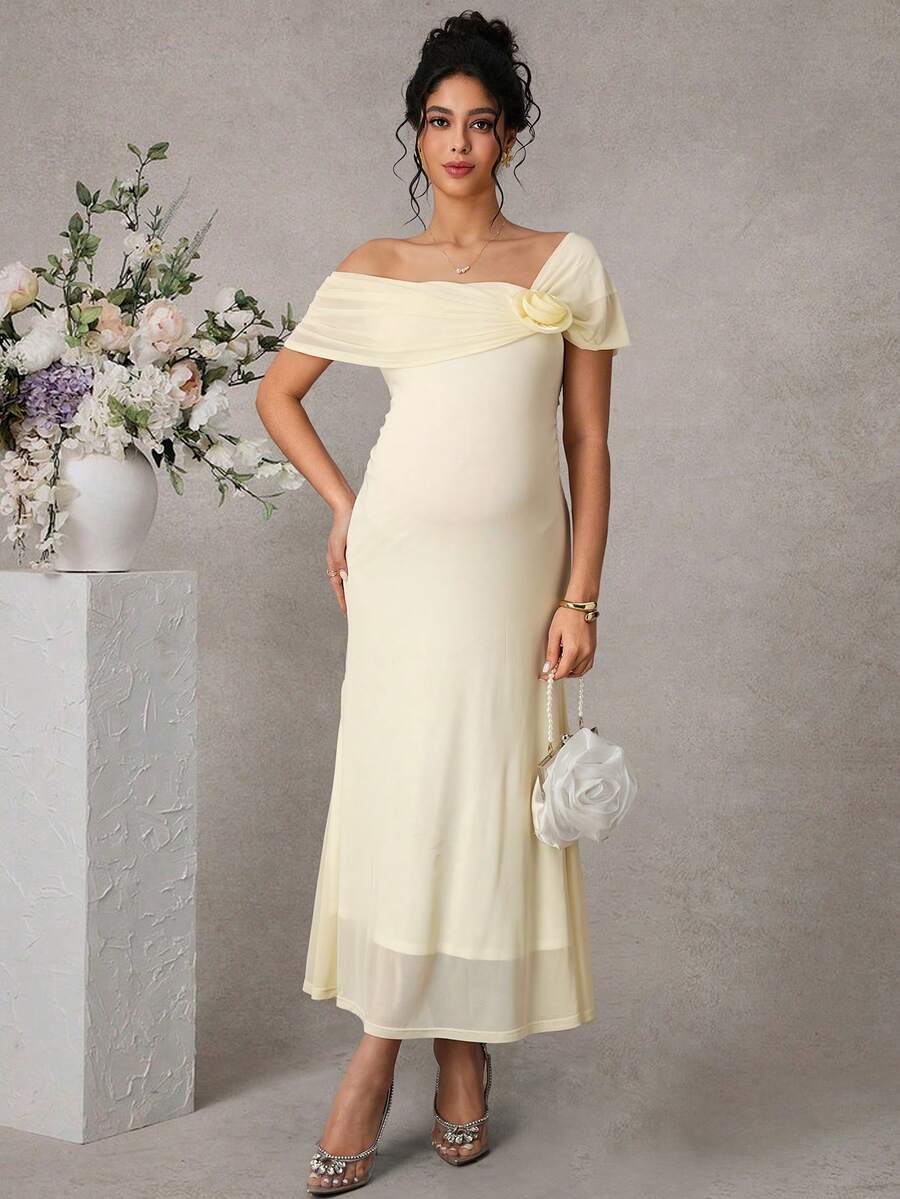 Pregnant Women's Elegant Asymmetric Neck 3D Floral Decor Double-Layer Fitted Fishtail Hem Maxi Dress