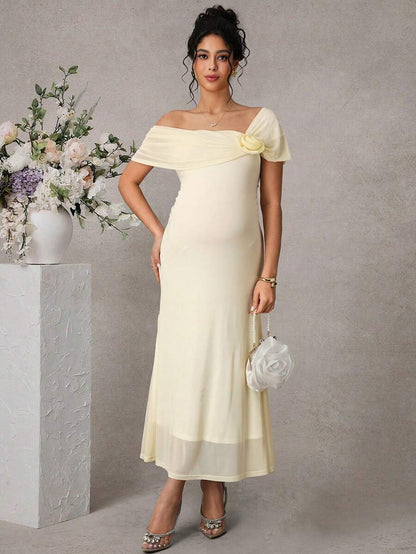 Pregnant Women's Elegant Asymmetric Neck 3D Floral Decor Double-Layer Fitted Fishtail Hem Maxi Dress
