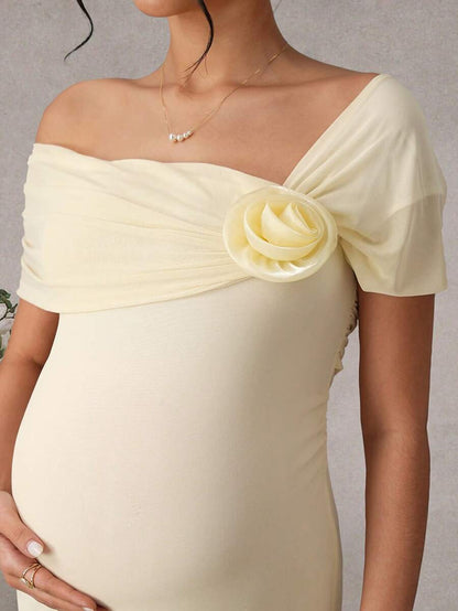 Pregnant Women's Elegant Asymmetric Neck 3D Floral Decor Double-Layer Fitted Fishtail Hem Maxi Dress