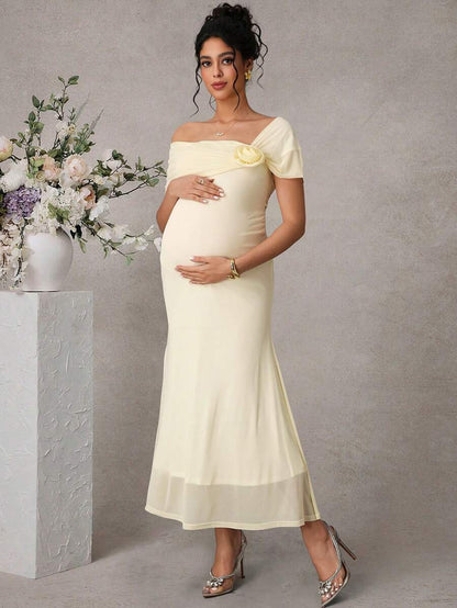 Pregnant Women's Elegant Asymmetric Neck 3D Floral Decor Double-Layer Fitted Fishtail Hem Maxi Dress