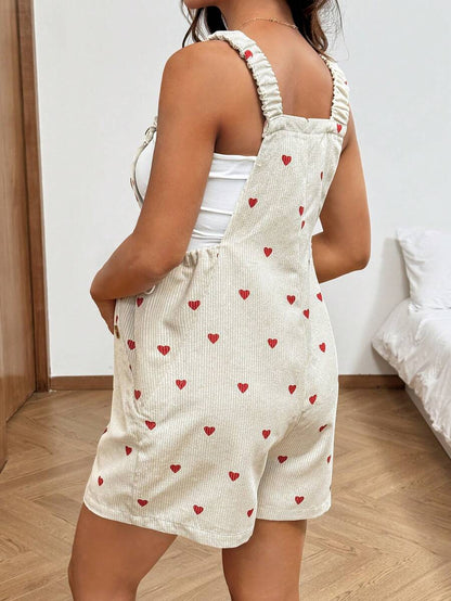 Apricot Heart Graphic Pocket Maternity Romper – Sleeveless Round Neck High Waist Corduroy Beach Overalls Casual Summer Vacation Outfit