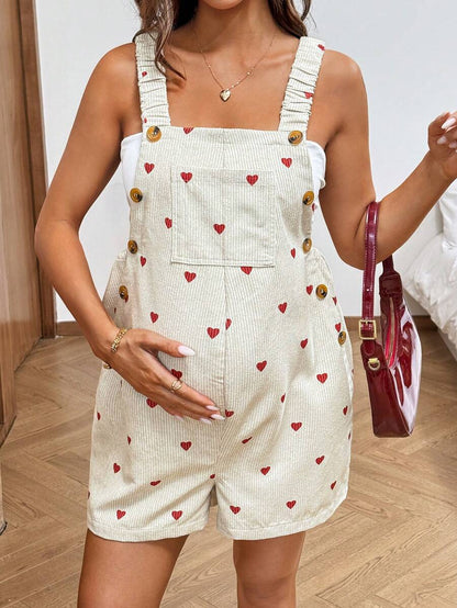 Apricot Heart Graphic Pocket Maternity Romper – Sleeveless Round Neck High Waist Corduroy Beach Overalls Casual Summer Vacation Outfit