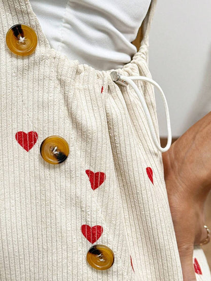 Apricot Heart Graphic Pocket Maternity Romper – Sleeveless Round Neck High Waist Corduroy Beach Overalls Casual Summer Vacation Outfit