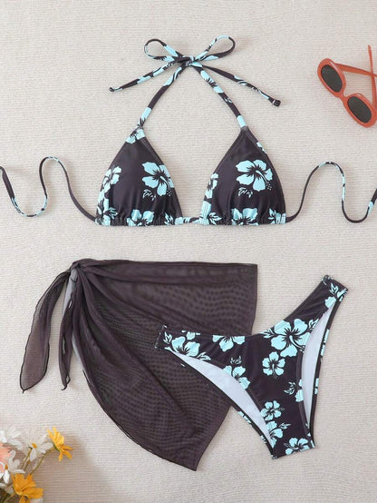 Women's 3-Piece Shell Print Bikini Set - V-Neck Halter, Triangle, Side Tie Skirt, Multicolor