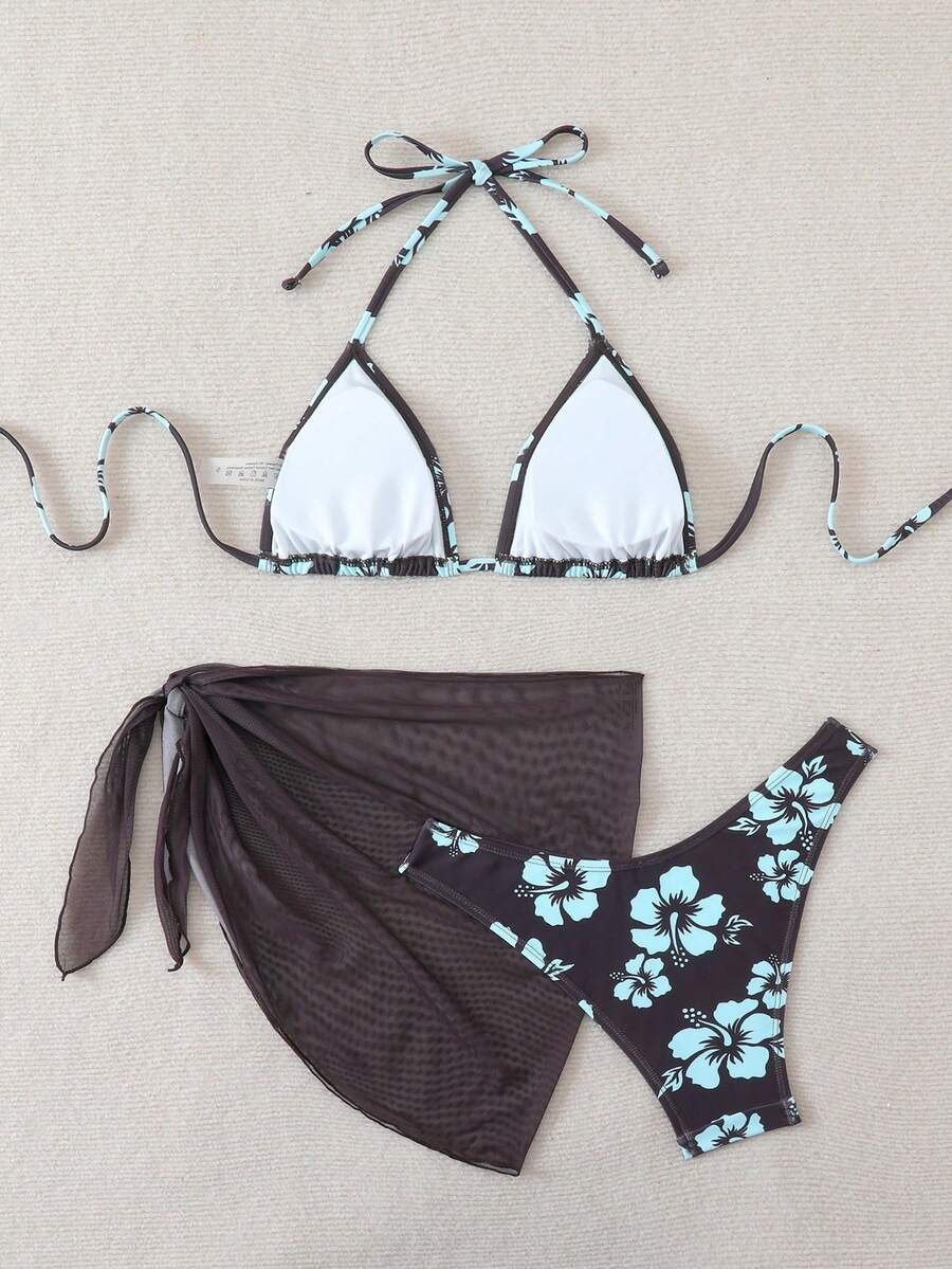 Women's 3-Piece Shell Print Bikini Set - V-Neck Halter, Triangle, Side Tie Skirt, Multicolor