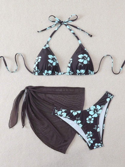 Women's 3-Piece Shell Print Bikini Set - V-Neck Halter, Triangle, Side Tie Skirt, Multicolor