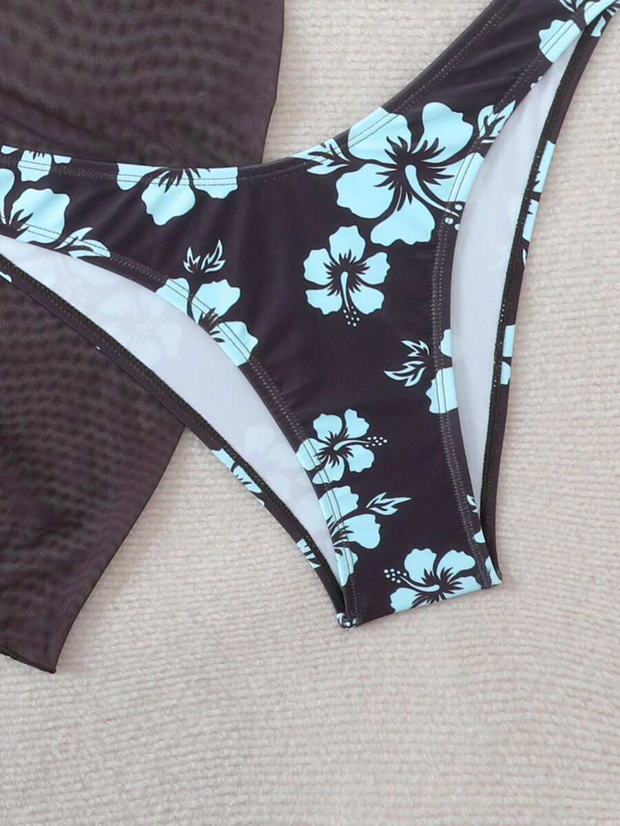 Women's 3-Piece Shell Print Bikini Set - V-Neck Halter, Triangle, Side Tie Skirt, Multicolor