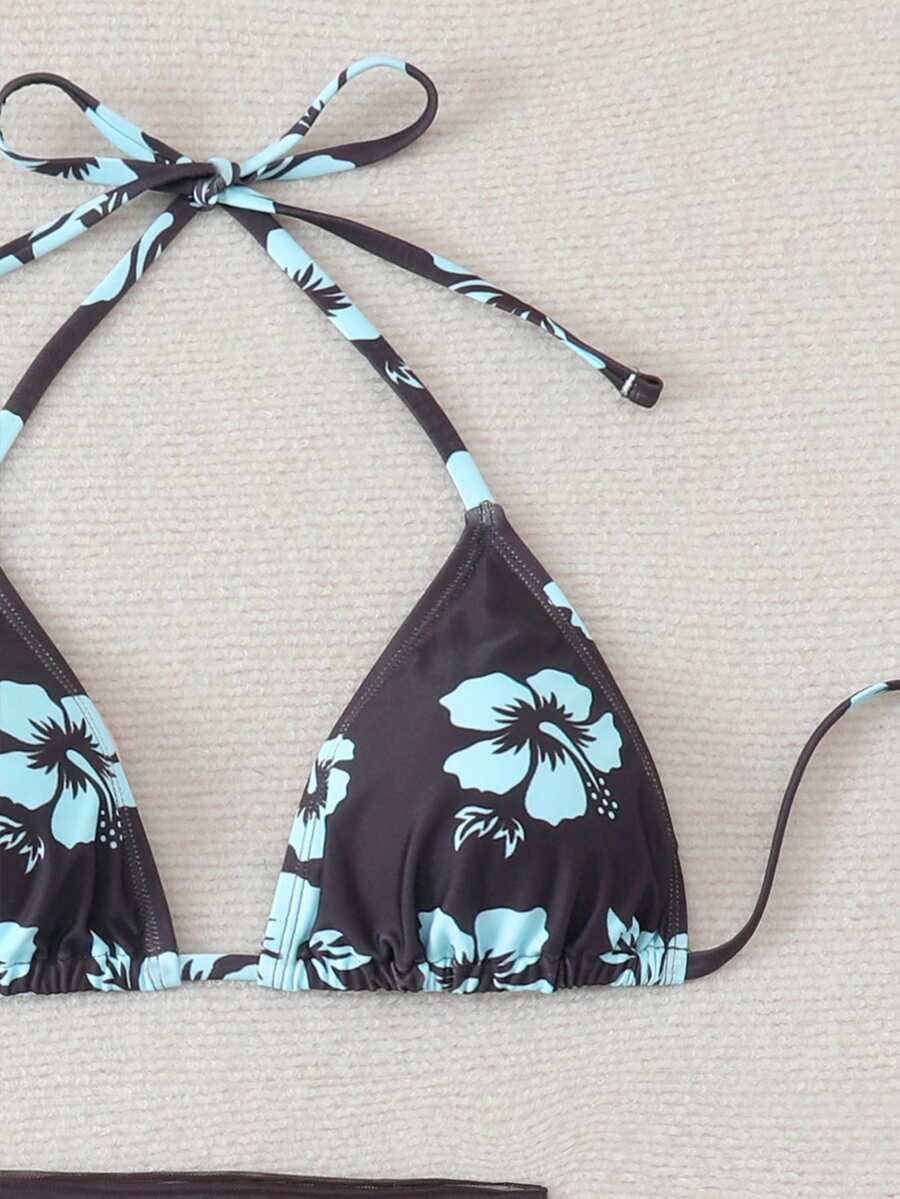 Women's 3-Piece Shell Print Bikini Set - V-Neck Halter, Triangle, Side Tie Skirt, Multicolor
