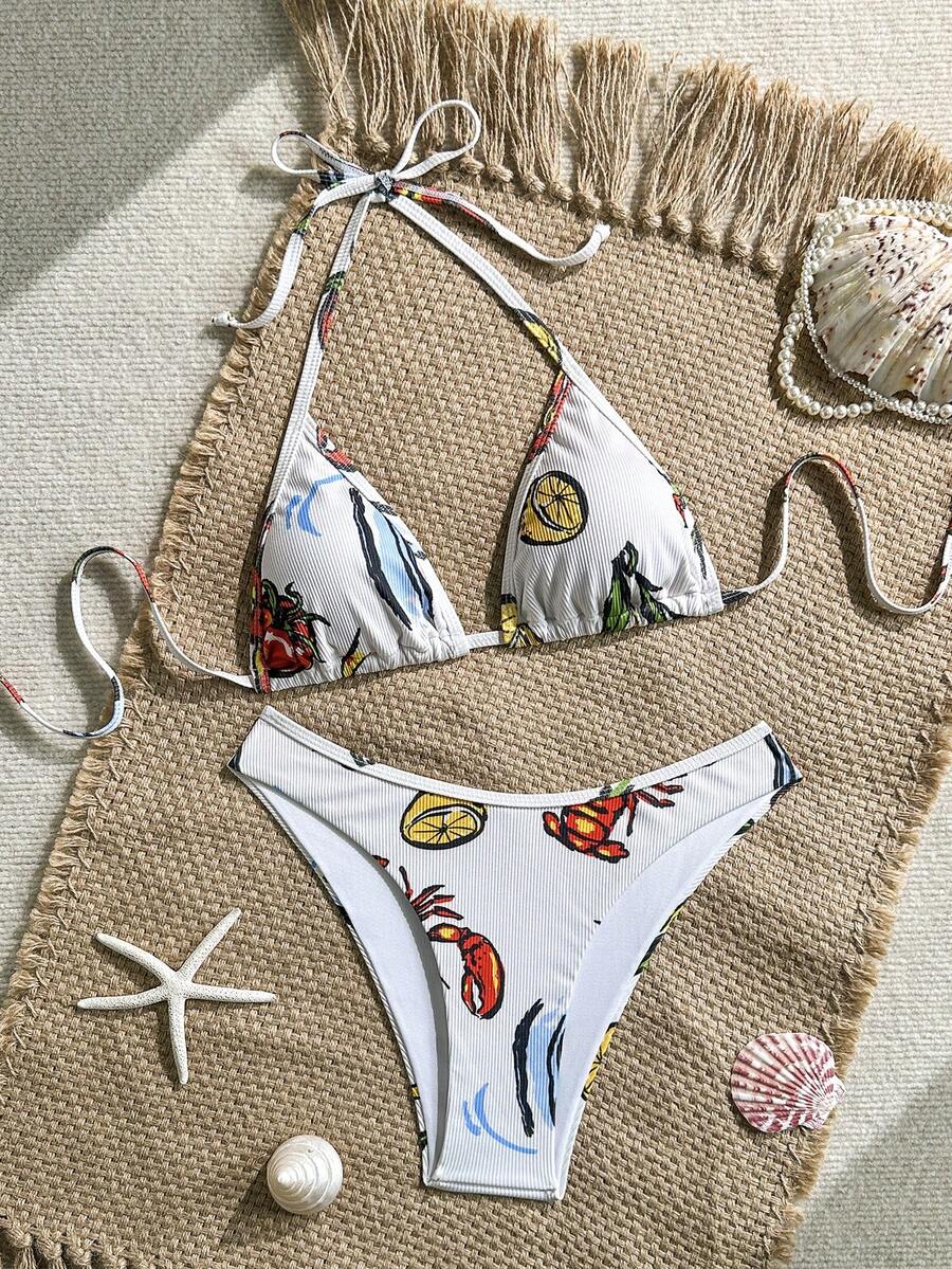 Swim Vcay Women's Tropical Floral Halter Neck Backless Sexy Bikini Set For Beach Vacation For Summer Rave Lollapalooza