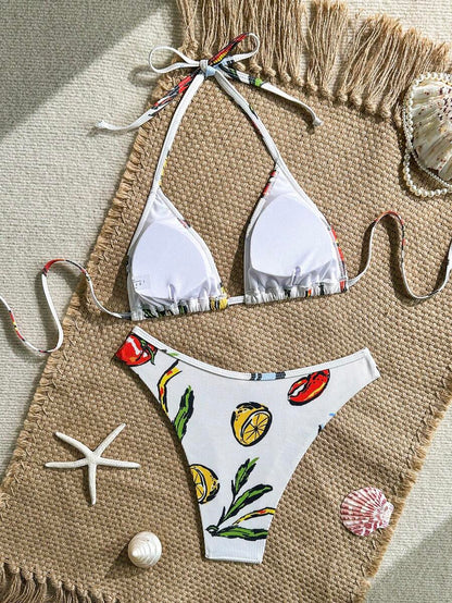 Swim Vcay Women's Tropical Floral Halter Neck Backless Sexy Bikini Set For Beach Vacation For Summer Rave Lollapalooza