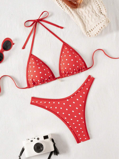 Swim Mod Summer 2 Pieces Outfits For Women - Spaghetti Strap Random Print Top And High Cut Swim Bottoms, Beach Holiday Bikini Set