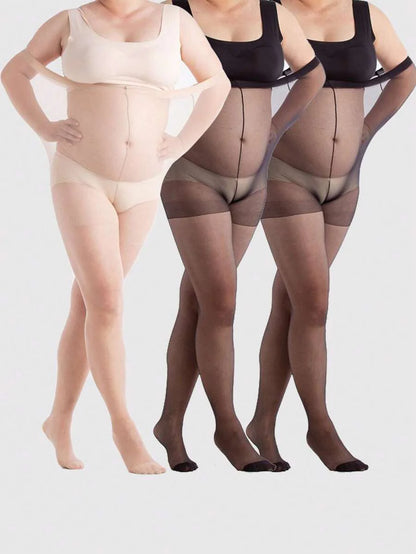 Maternity Pantyhose 3 Pairs - Elegant Plus Size Thin Tights Leg Shaper Extra Stretch, Black Apricot