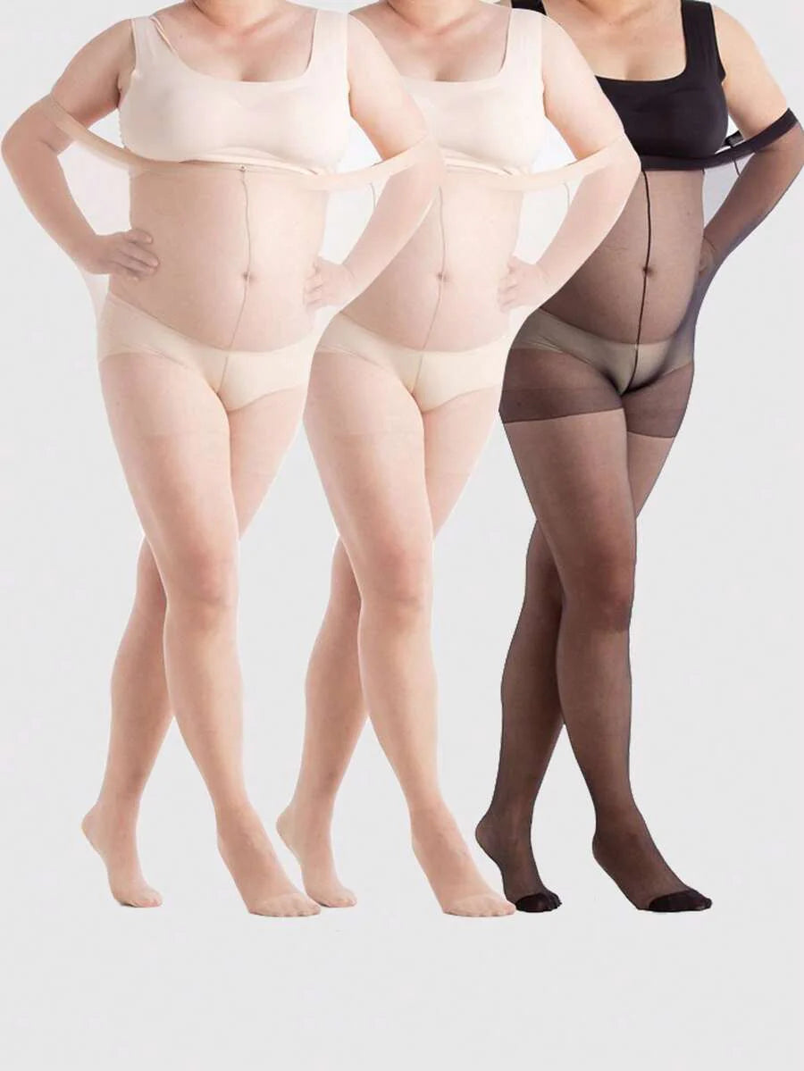 Maternity Pantyhose 3 Pairs - Elegant Plus Size Thin Tights Leg Shaper Extra Stretch, Black Apricot