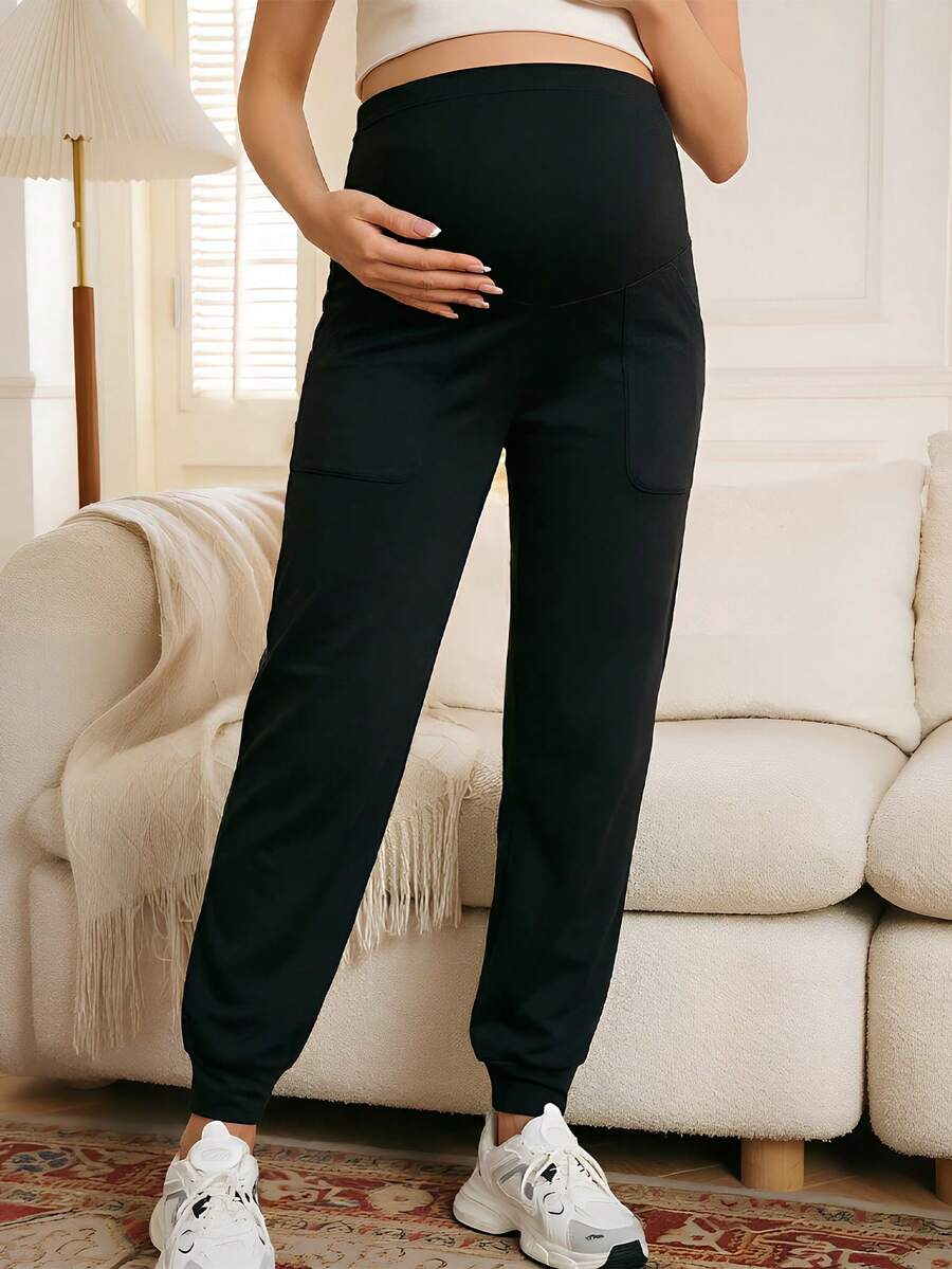 Maternity Sports Sweatpants Army Green Ultra High Waist Belly Support Knitted Joggers with Pockets for Beach and Casual Wear