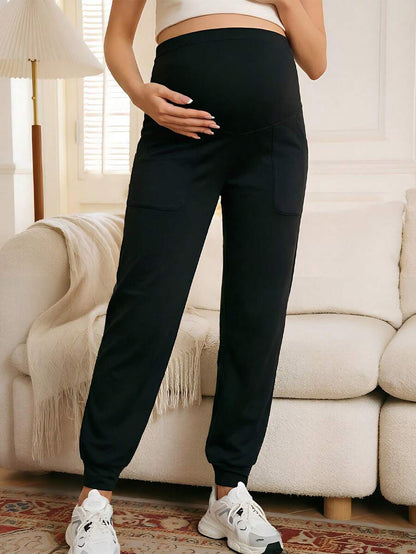 Maternity Sports Sweatpants Army Green Ultra High Waist Belly Support Knitted Joggers with Pockets for Beach and Casual Wear