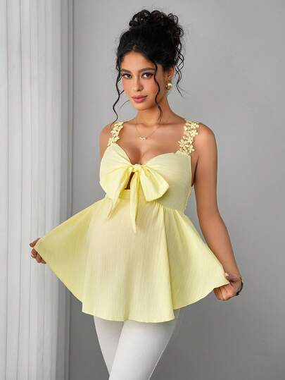 Maternity Bohemian Top - Strap Neck, Cold Shoulder, Bow Tie, Ruched, Slim Fit, Yellow