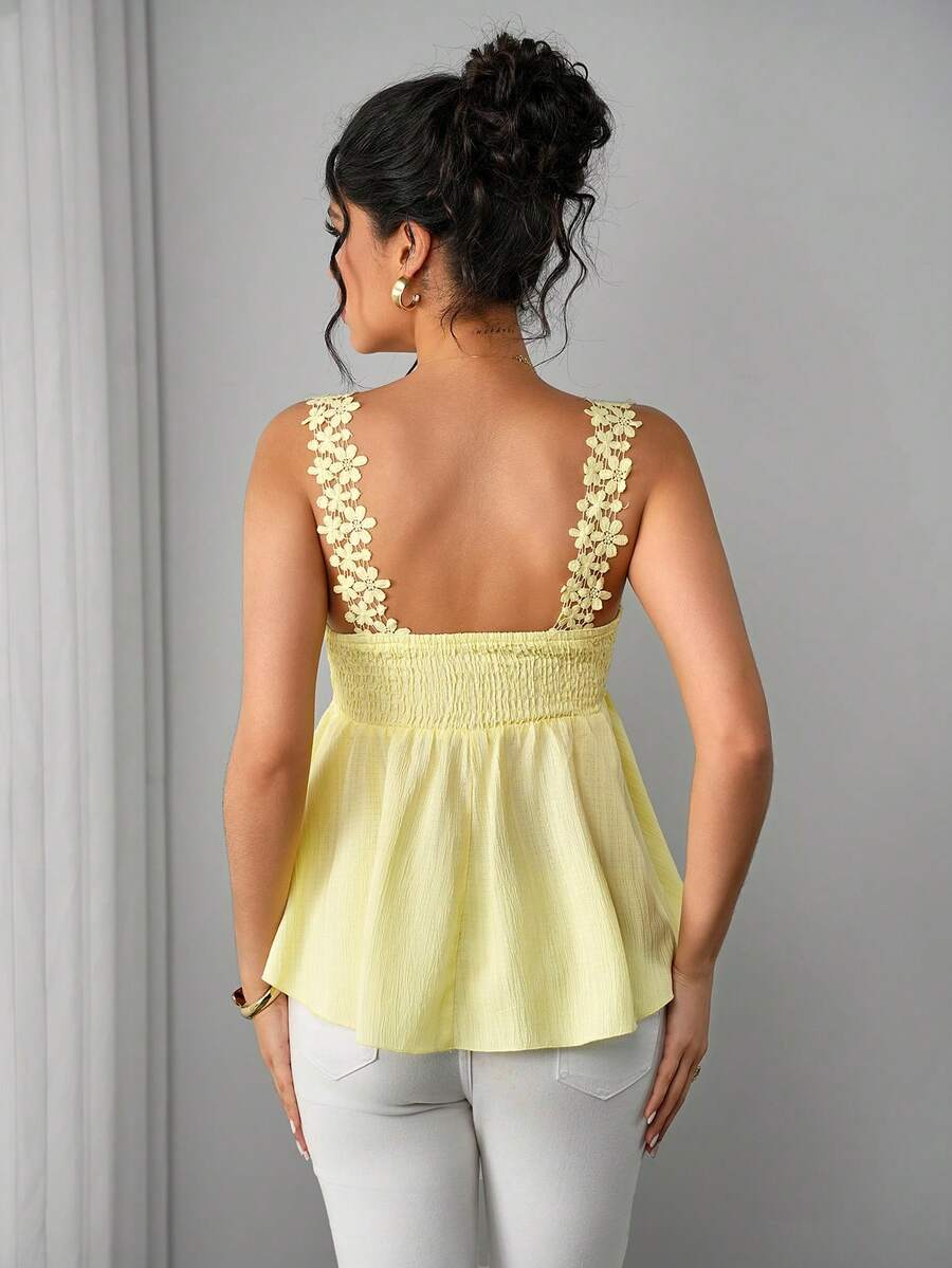 Maternity Bohemian Top - Strap Neck, Cold Shoulder, Bow Tie, Ruched, Slim Fit, Yellow