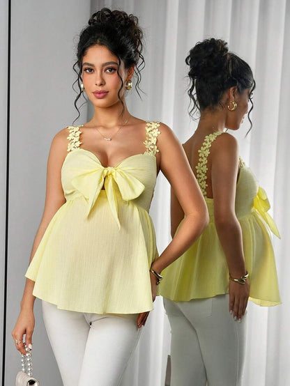 Maternity Bohemian Top - Strap Neck, Cold Shoulder, Bow Tie, Ruched, Slim Fit, Yellow