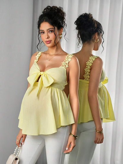 Maternity Bohemian Top - Strap Neck, Cold Shoulder, Bow Tie, Ruched, Slim Fit, Yellow