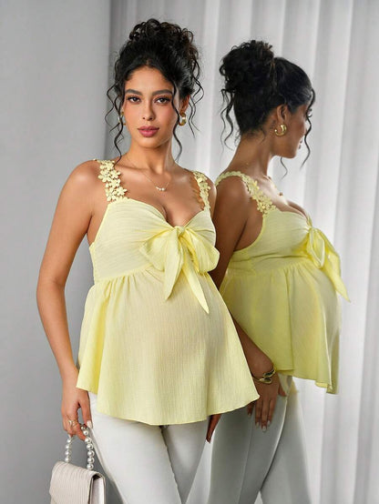 Maternity Bohemian Top - Strap Neck, Cold Shoulder, Bow Tie, Ruched, Slim Fit, Yellow