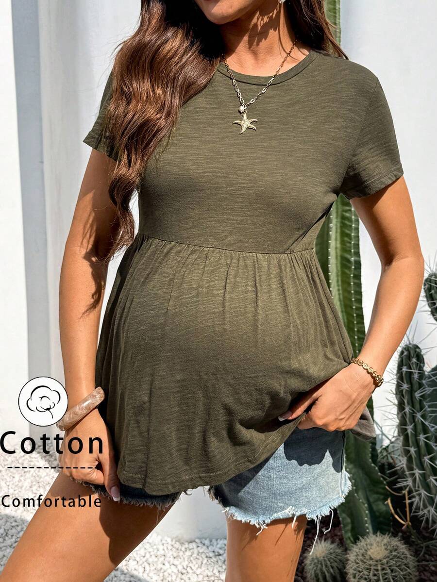 Army Green Cotton Maternity T-Shirt with Ruffle Hem - Short Sleeve Round Neck Summer Casual Top for Country Concert Outfits